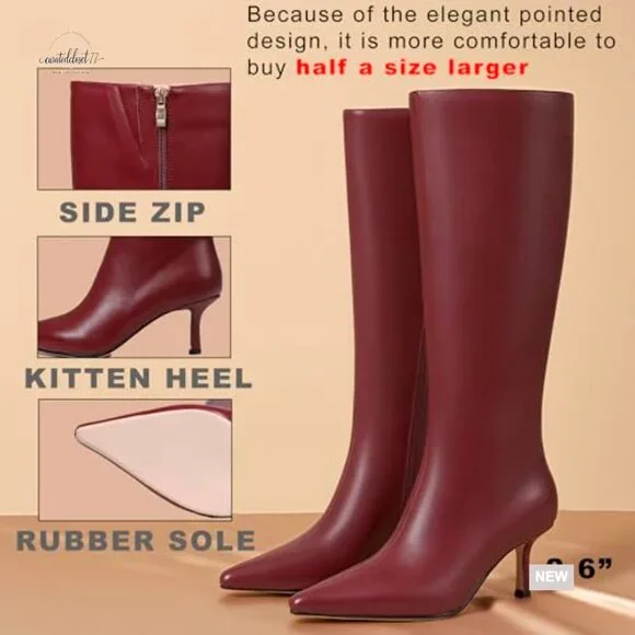 Knee High Boots Pointed Toe Stiletto Heel Side Zipper Dress Boots - Picture 4 of 7